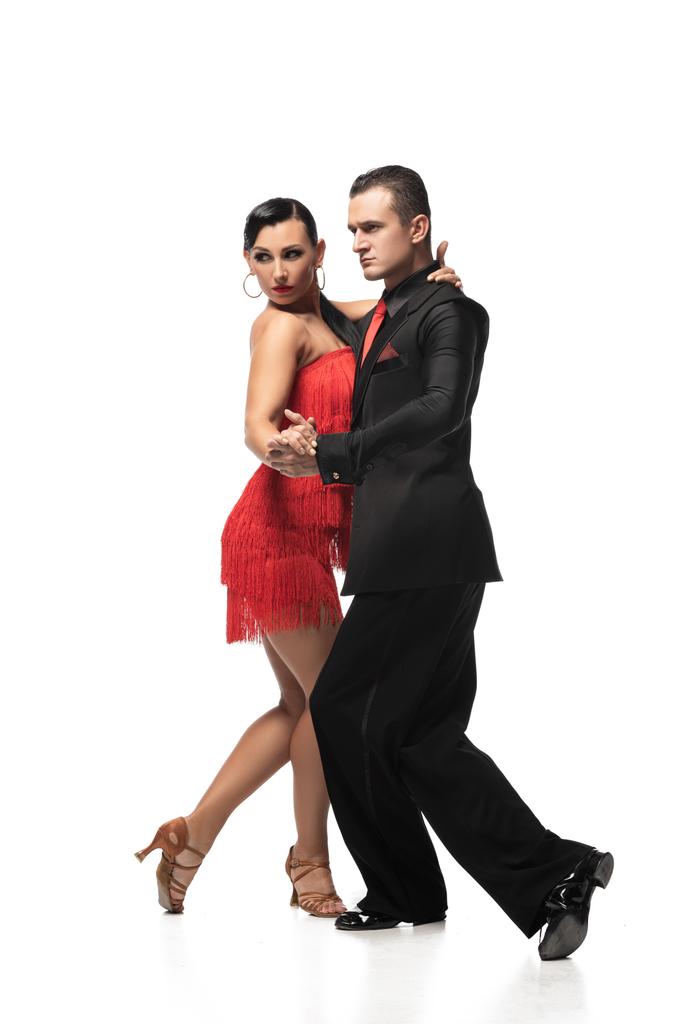 couple élégant et expressif de danseurs exécutant le tango sur fond blanc
 - Photo, image