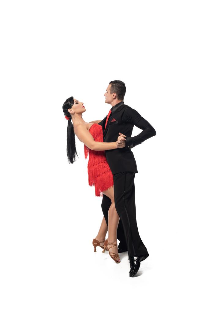pari eleganttia tanssijaa katselee toisiaan suorittaessaan tangoa valkoisella taustalla
 - Valokuva, kuva