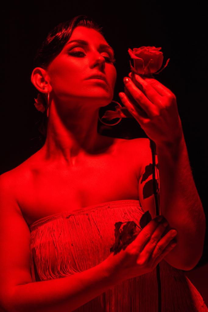 Kırmızı ışıklandırmalı kırmızı gül tutan şehvetli tango dansçısı. - Fotoğraf, Görsel