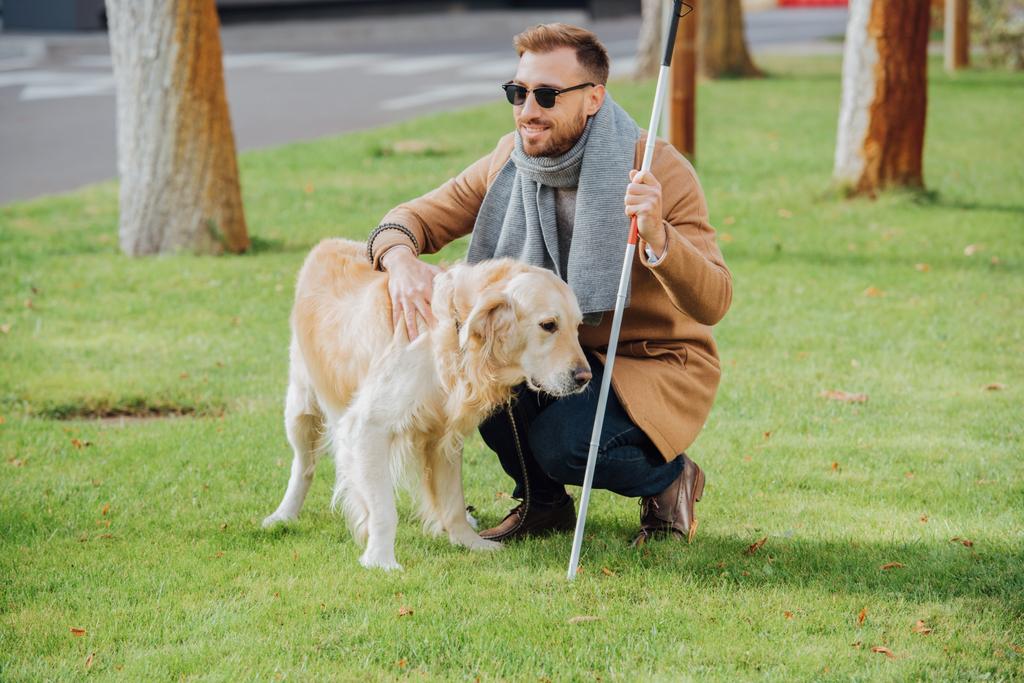 Усміхнений сліпий чоловік з пішохідною паличкою, що веде собаку на газоні
 - Фото, зображення