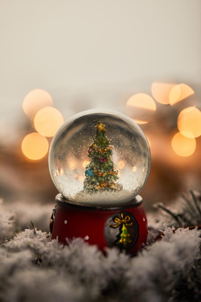 μικρή χιονόμπαλα με χριστουγεννιάτικο δέντρο στέκεται σε κλαδιά έλατο στο χιόνι με χρυσά φώτα bokeh - Φωτογραφία, εικόνα