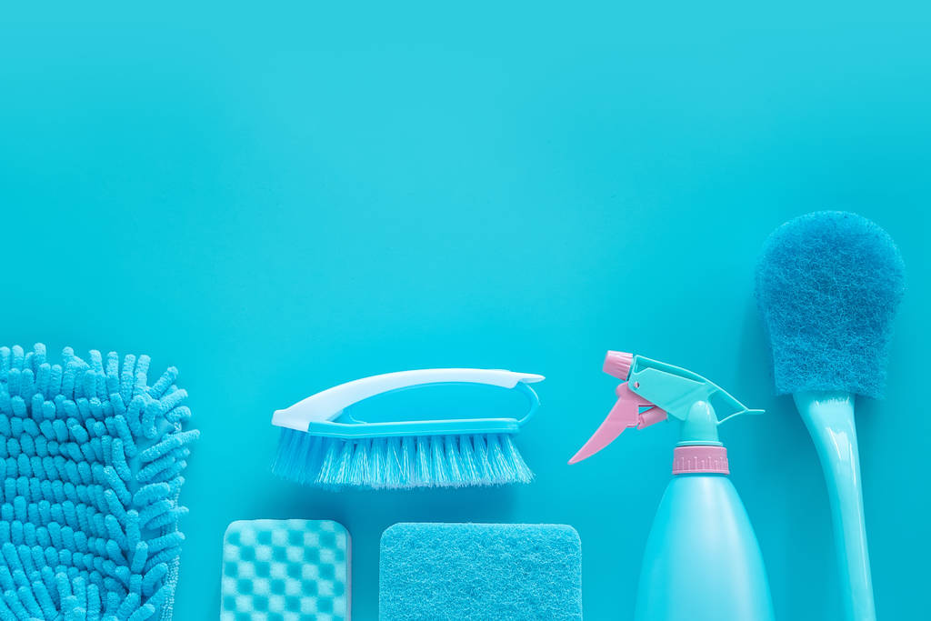 cleaning tools product supplies composition layout isolated on blue with copy space for template - Photo, Image