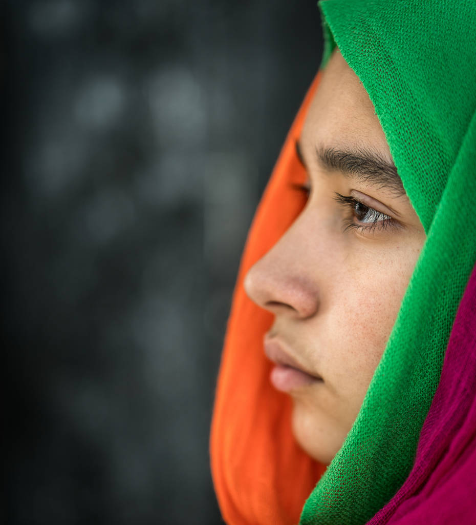 Beautiful girl with colorful scarf portrait - Photo, Image