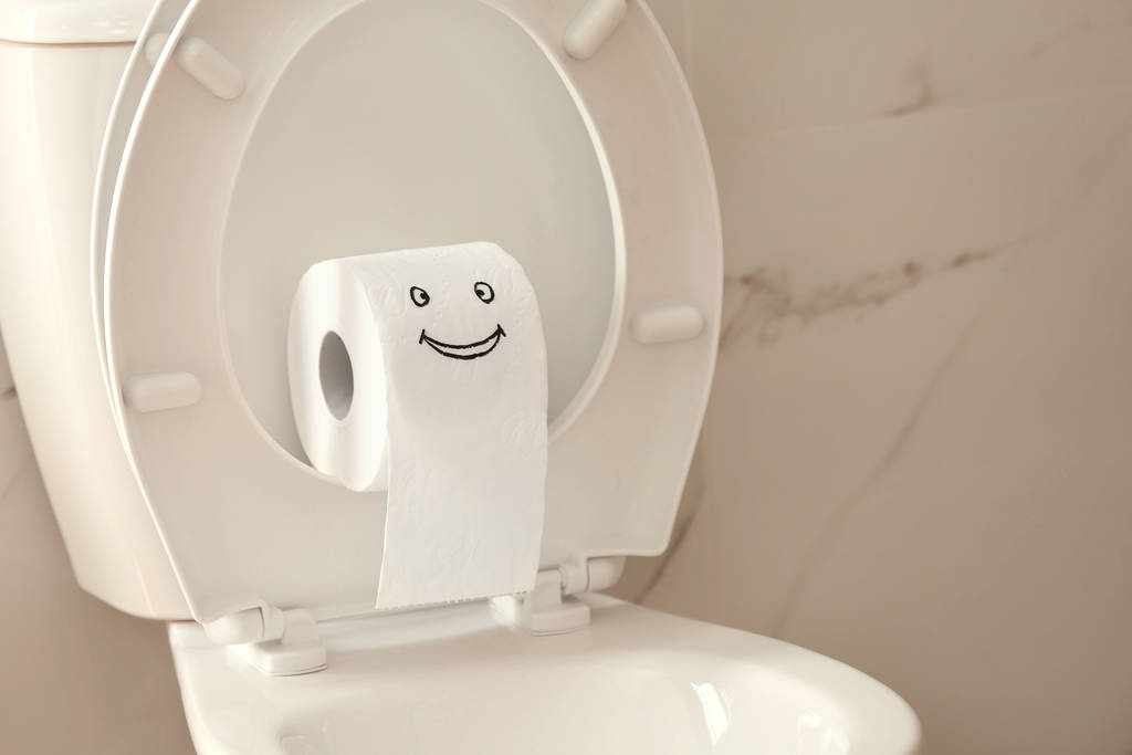 Roll of paperi hauska kasvot wc kulhoon kylpyhuoneessa
 - Valokuva, kuva