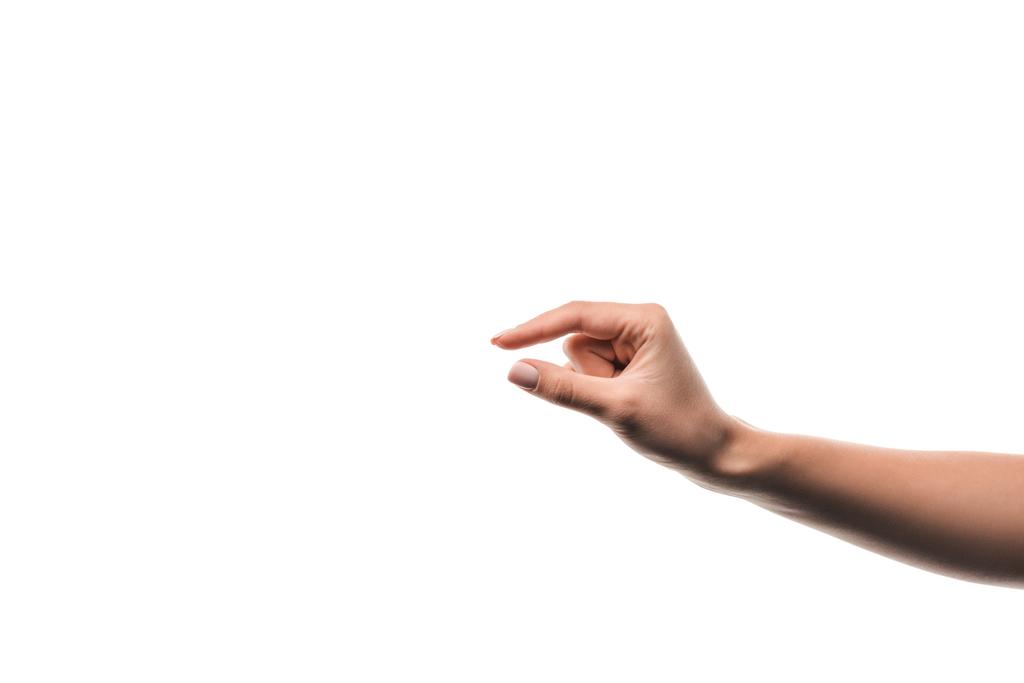 rajattu näkymä nainen osoittaa vähän merkkejä sormet eristetty valkoinen
  - Valokuva, kuva