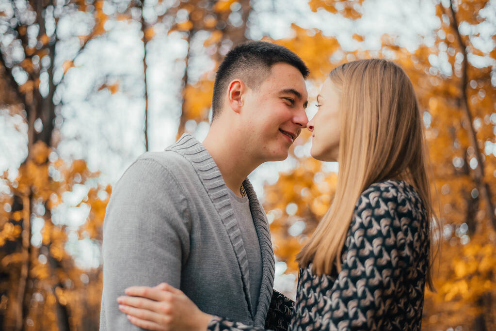 bela feliz jovem casal beijando no parque de outono
 - Foto, Imagem