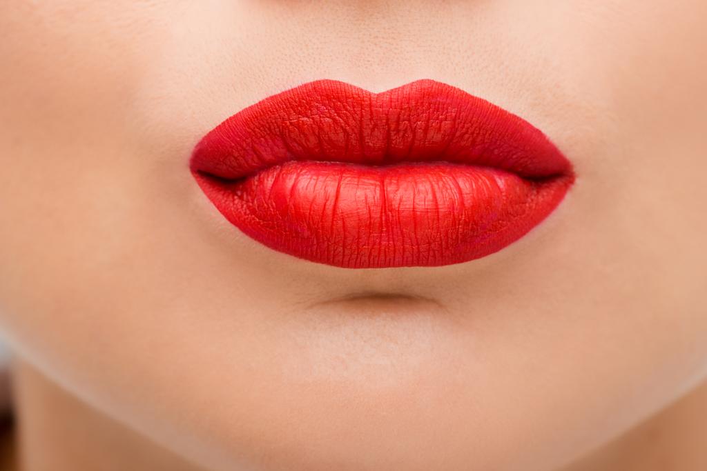close up of young woman with red lipstick  - 写真・画像