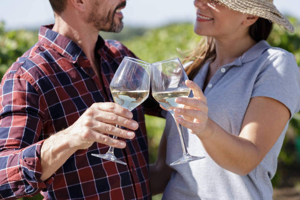 casal com copos de vinho branco ao ar livre
 - Foto, Imagem