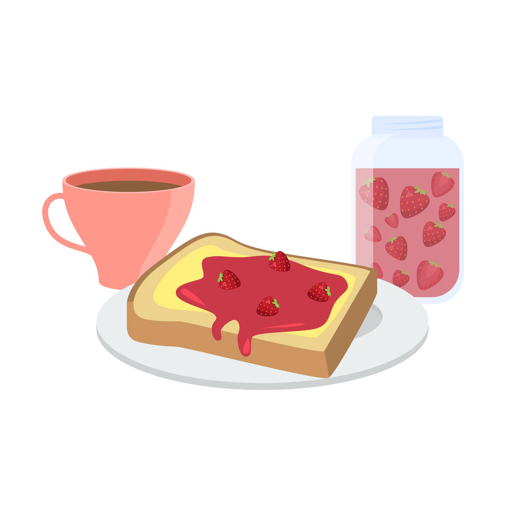 Butter and strawberry jam toast and coffee breakfast vector illustration - Vector, Image