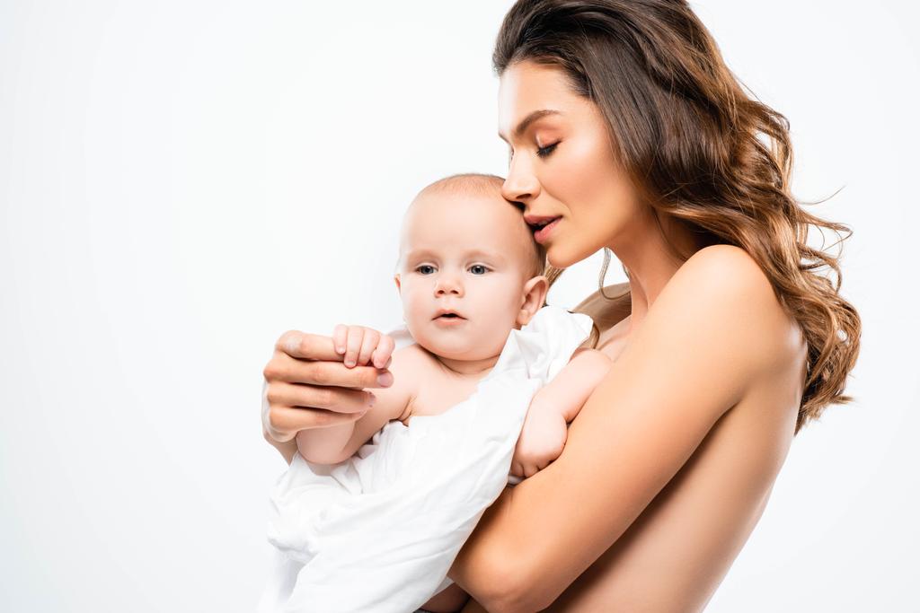 muotokuva yhdessä alasti äiti tilalla vauva, eristetty valkoinen
 - Valokuva, kuva