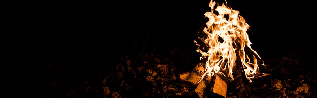 panoramisch schot van vlam en houtblokken in kampvuur in duisternis in de nacht  - Foto, afbeelding
