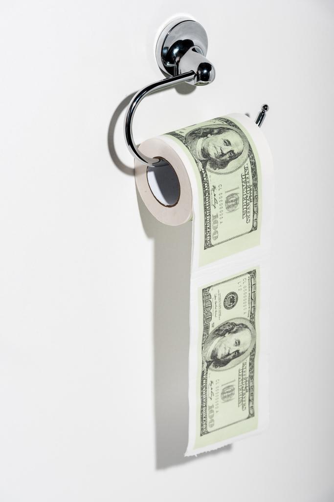toaleťák s dolarovými bankovkami na bílém  - Fotografie, Obrázek