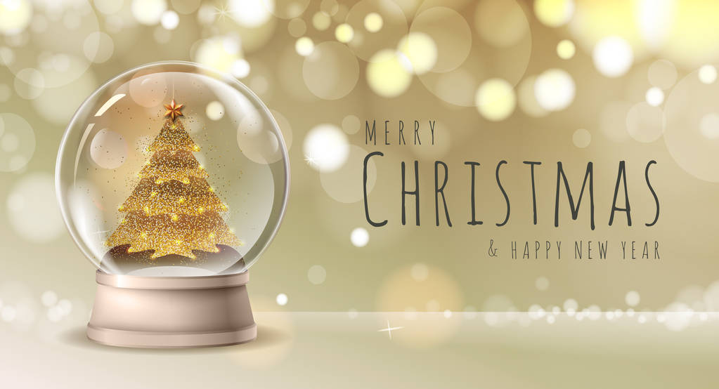 Реалистичная векторная иллюстрация снежного шара с золотой елкой внутри. Расплывчатый рождественский фон
 - Вектор,изображение