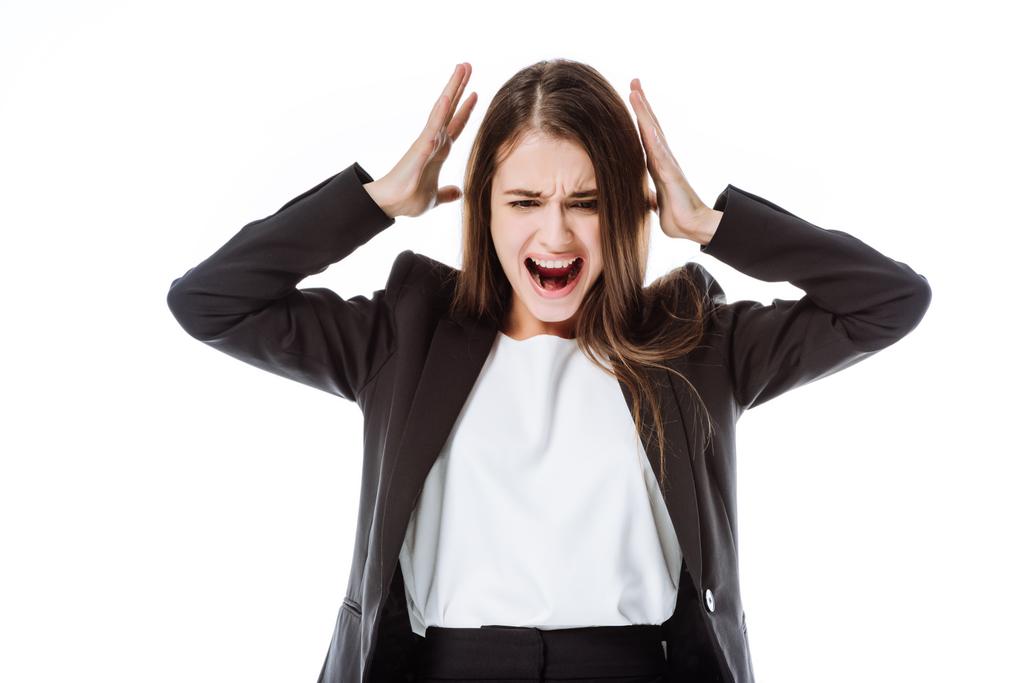 donna d'affari arrabbiata in giacca e cravatta urlando isolato su bianco
 - Foto, immagini