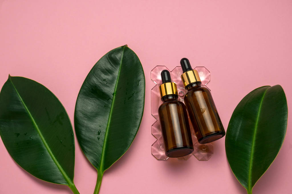 Minimale Kosmetikprodukte flach legen Ölflaschen und tropische Blätter auf pastellrosa Hintergrund mit Kopierraum - Foto, Bild