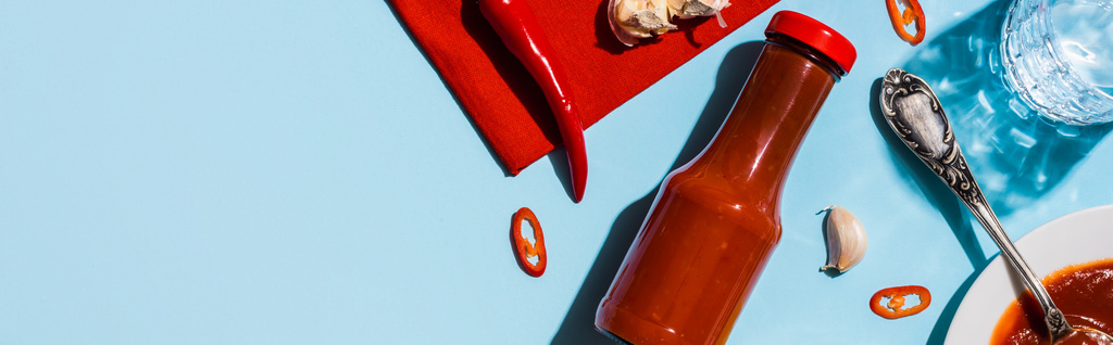Vue du dessus de la sauce tomate au piment et verre d'eau à la surface bleue, vue panoramique
 - Photo, image