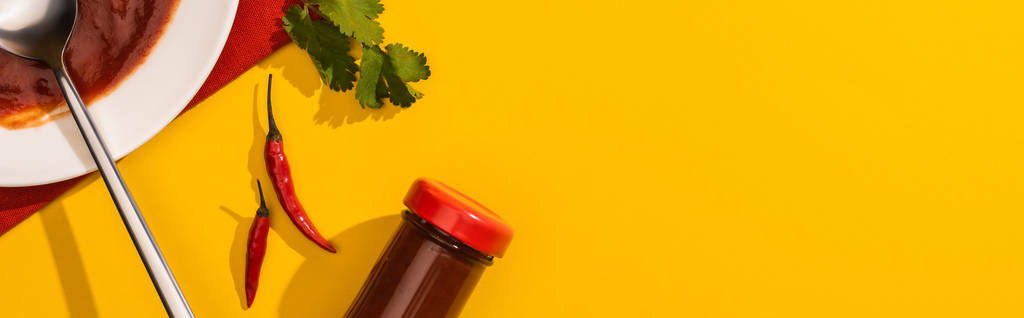 Ketchup in piattino e bottiglia con coriandolo e peperoncino su fondo giallo, colpo panoramico
 - Foto, immagini