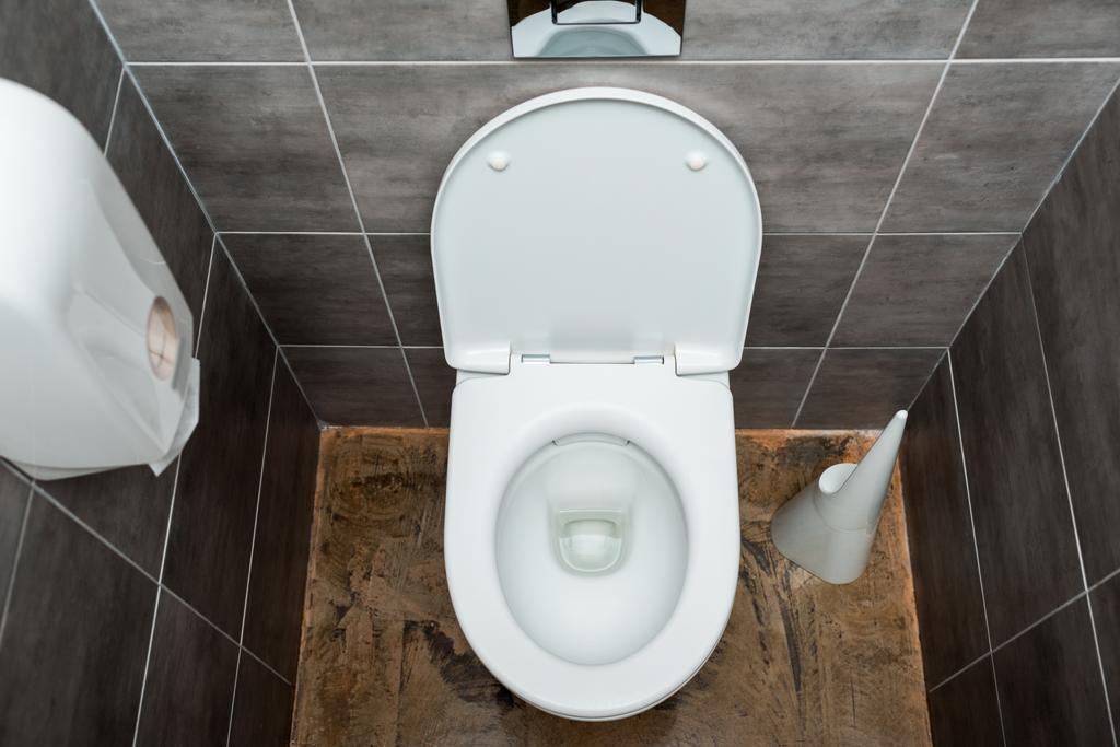 vaso sanitário cerâmico limpo em banheiro moderno com azulejo cinza e escova de vaso sanitário
 - Foto, Imagem