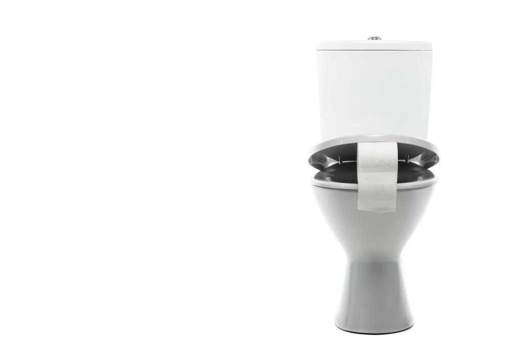 vaso sanitário cerâmico limpo com papel higiênico isolado em branco
 - Foto, Imagem