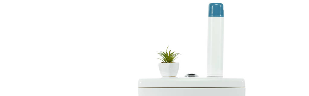 inodoro limpio de cerámica con ambientador de aire y planta aislada en blanco, tiro panorámico
 - Foto, Imagen