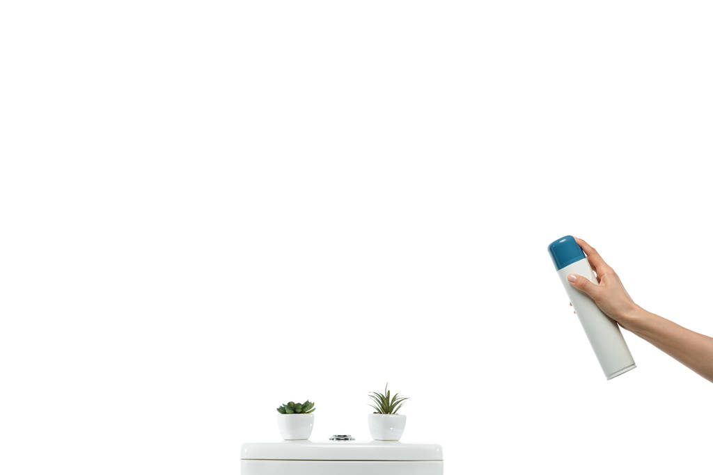 bijgesneden weergave van vrouw sproeien luchtverfrisser in de buurt van keramische schone toiletpot met planten geïsoleerd op wit - Foto, afbeelding