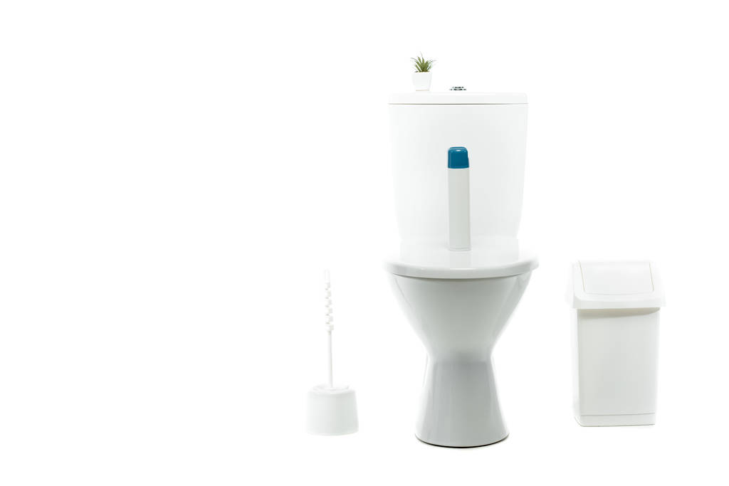 Keramik saubere Toilettenschüssel mit Lufterfrischer und Pflanze in der Nähe der Toilettenbürste, Abfallbehälter isoliert auf weiß - Foto, Bild