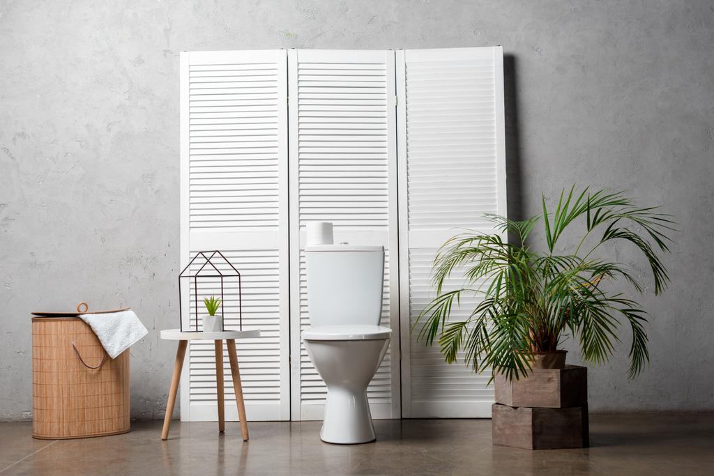 интерьер современной ванной комнаты с унитазом рядом с складным экраном, корзина для белья, пальма и украшения
 - Фото, изображение