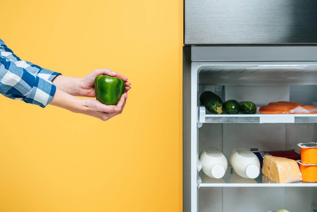 abgeschnittene Ansicht einer Frau, die Paprika in der Nähe eines offenen Kühlschranks mit frischen Lebensmitteln in Regalen hält, isoliert auf gelb  - Foto, Bild
