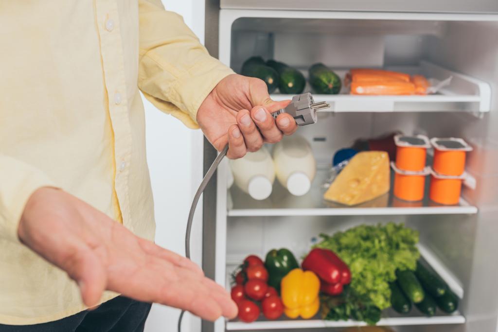 обрізаний вид людини, що тримає від'єднаний шнур живлення холодильника ізольований на білому
 - Фото, зображення