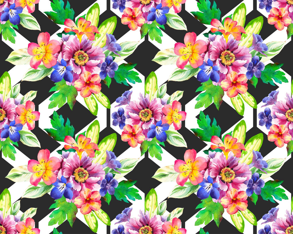 nahtloses Muster mit Aquarellblumen. schöne Illustrationen mit Pflanzen auf schwarz-weißem geometrischem Hintergrund. Komposition mit Pfingstrosen - Foto, Bild