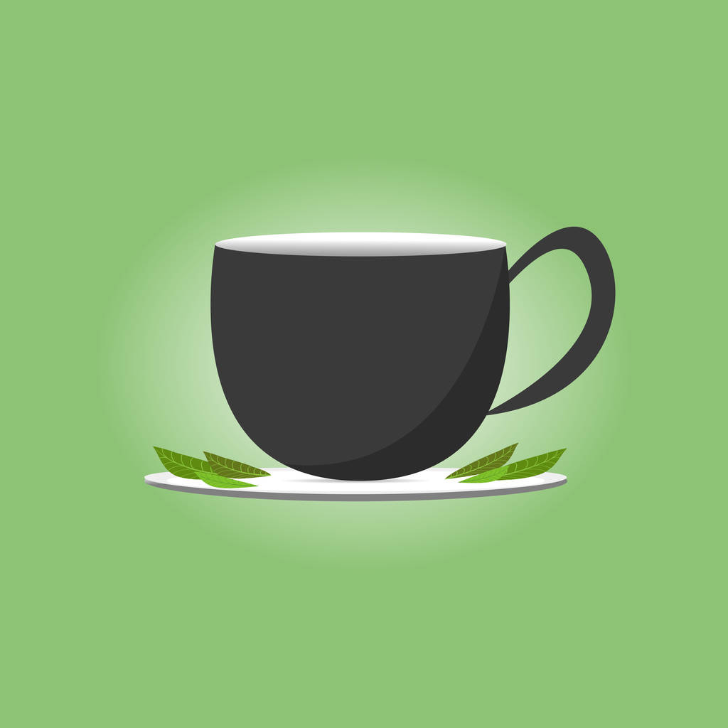 Xícara preta de chá, prato de pires e folhas de chá no fundo verde. Ilustração do estoque do vetor
. - Vetor, Imagem