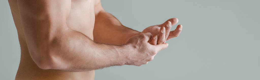 Çıplak gövdeli, gri panoramik çekimde izole edilmiş seksi kaslı vücut geliştirici görüntüsü - Fotoğraf, Görsel