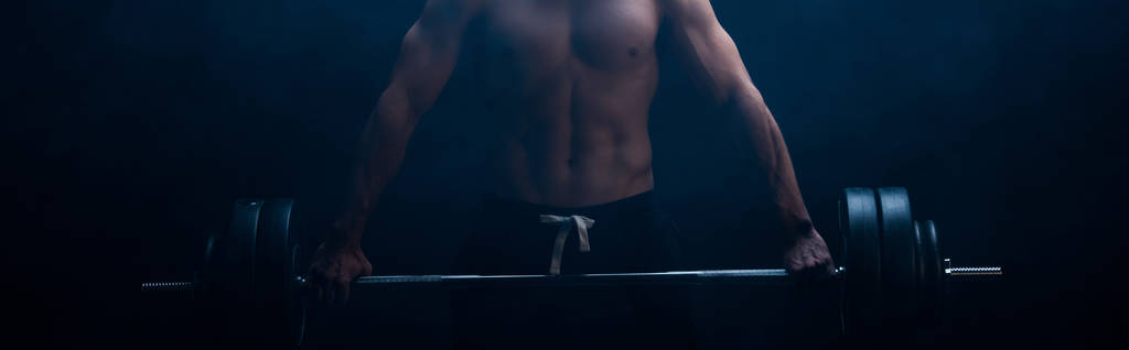 cropped view of sexy muscular bodybuilder with bare torso excising with barbell on black background with smoke, panoramic shot - Photo, Image
