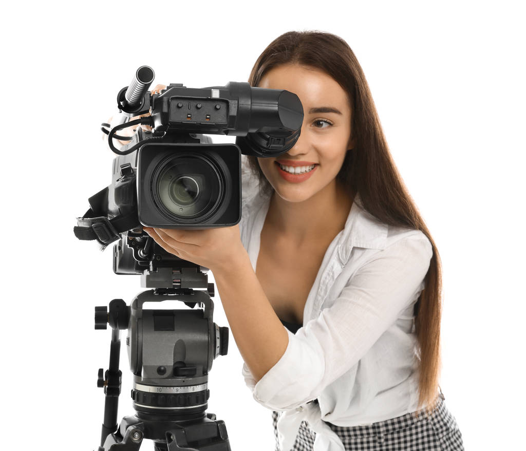 Operador com câmera de vídeo profissional em fundo branco
 - Foto, Imagem