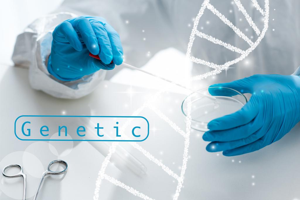 обрізаний вид вченого робить тест ДНК і сидить біля ілюстрації ДНК
  - Фото, зображення