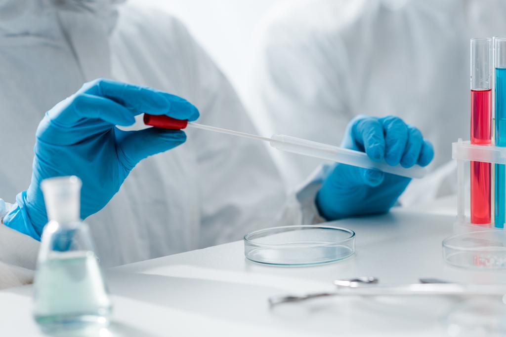 обрезанный вид ученого в латексных перчатках, делающего тест ДНК в лаборатории
  - Фото, изображение