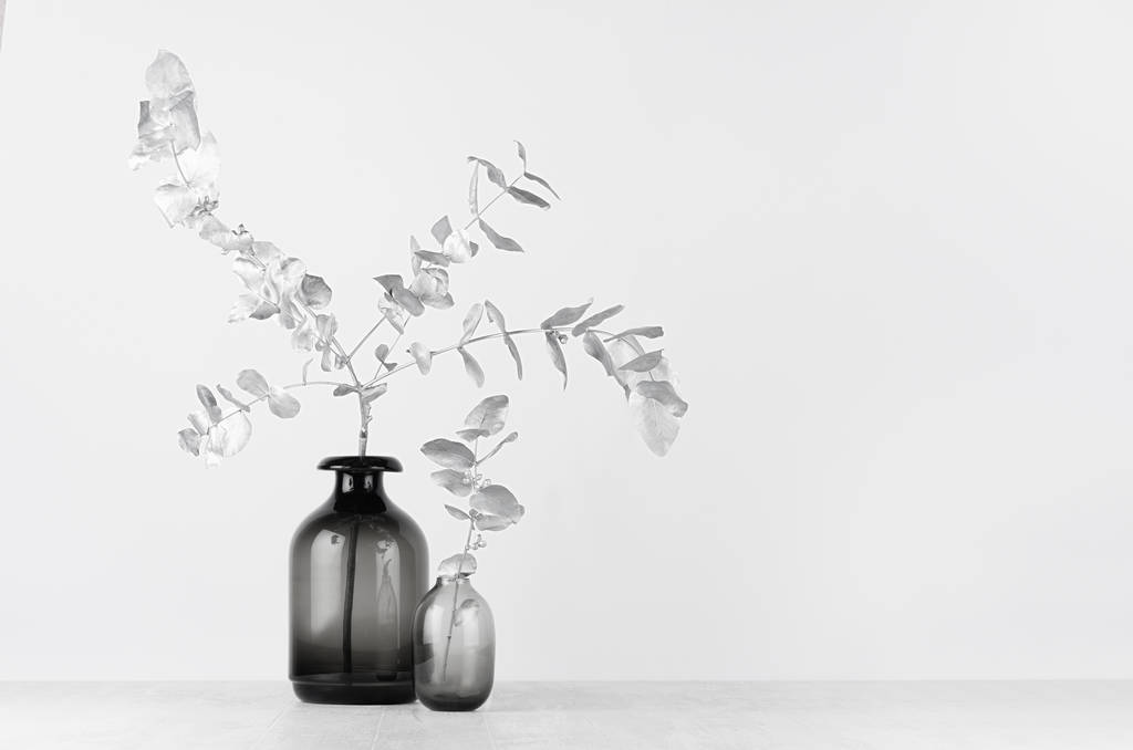 Zarif siyah-beyaz ev dekorasyonu. Siyah cam vazo, açık beyaz ahşap masa üzerindeki gümüş yapraklar.. - Fotoğraf, Görsel