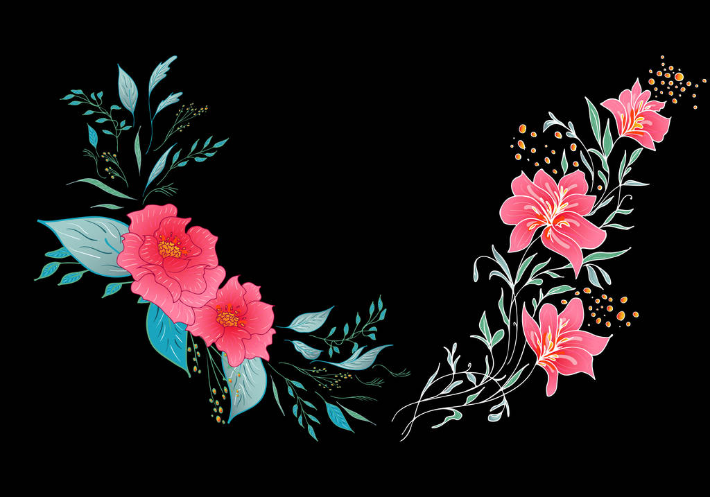 Conjunto de duas flores tropicais coloridas de verão. Floral flor botânica conjunto isolado sobre fundo preto. Coleção vetorial desenhada à mão. Natureza botânica havaiana. Ícone de palma tropical. Ilustração havaiana
 - Vetor, Imagem