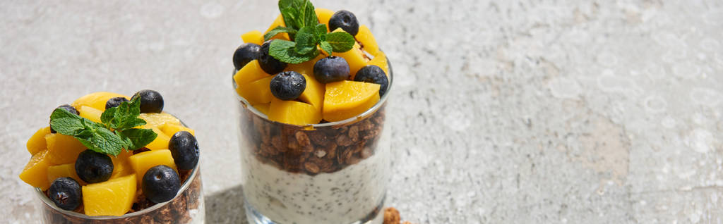 缶詰の桃とブルーベリーとヨーグルトとおいしいグラノーラ灰色のコンクリート表面にチアシードパノラマショット - 写真・画像