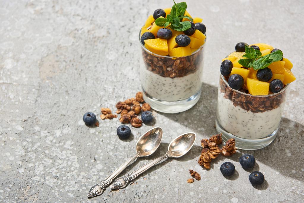 smaczna granola z brzoskwinią w puszce, jagodami i jogurtem z nasionami chia na szarej betonowej powierzchni z łyżkami - Zdjęcie, obraz
