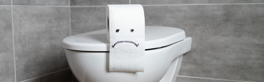Papel higiênico com emoticon triste em vaso sanitário no banheiro moderno, tiro panorâmico
 - Foto, Imagem