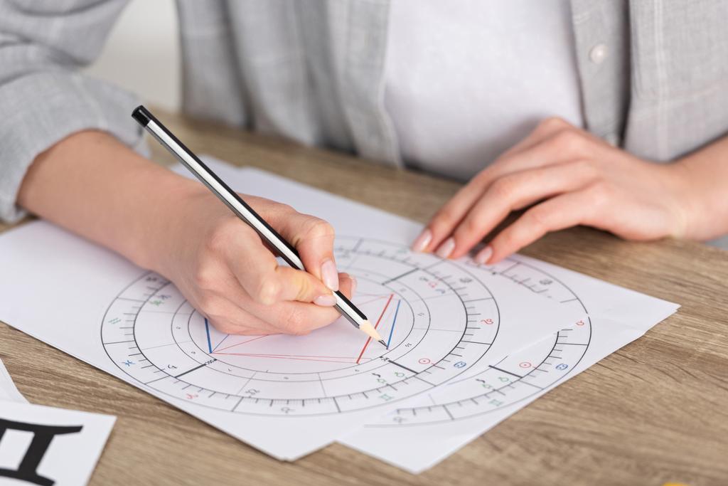 Καλλιεργημένη άποψη του αστρολόγου σχέδιο natal διάγραμμα στο ξύλινο τραπέζι - Φωτογραφία, εικόνα
