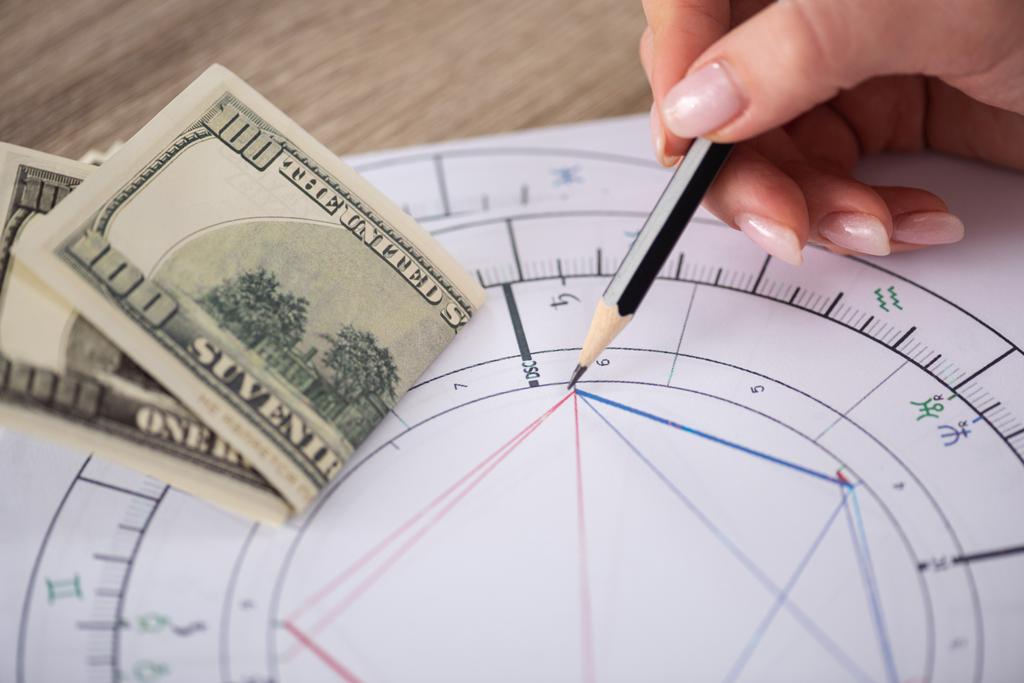 Przycięty widok astrologa rysunek urodzeniowy obok banknotów dolarowych na stole - Zdjęcie, obraz