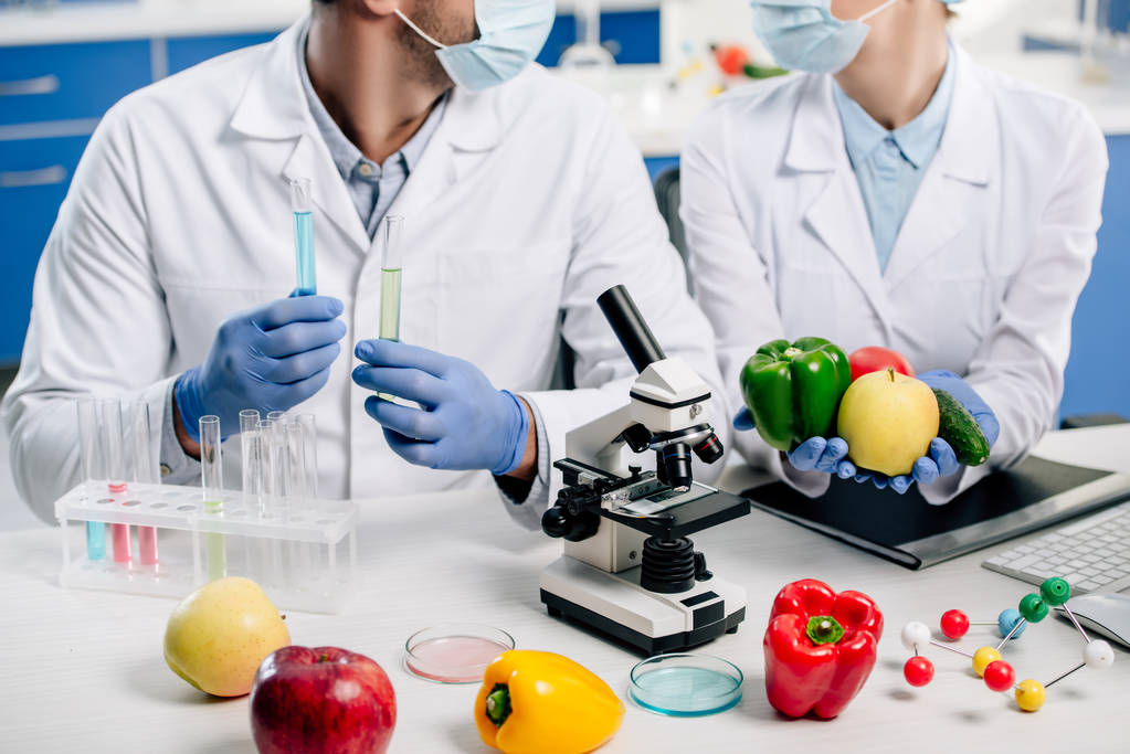 vista recortada de nutricionistas moleculares sosteniendo tubos de ensayo y alimentos
   - Foto, Imagen