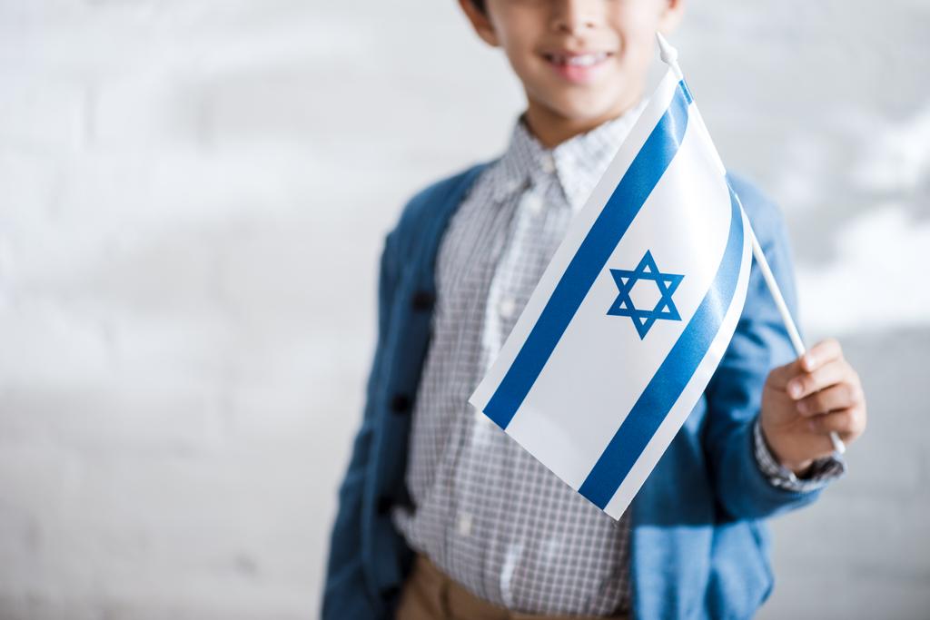 vista cortada do menino judeu sorridente segurando bandeira de israel
  - Foto, Imagem