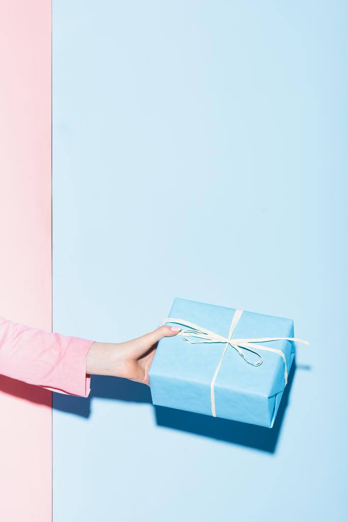 cropped view of woman holding gift box on pink and blue background  - Photo, Image