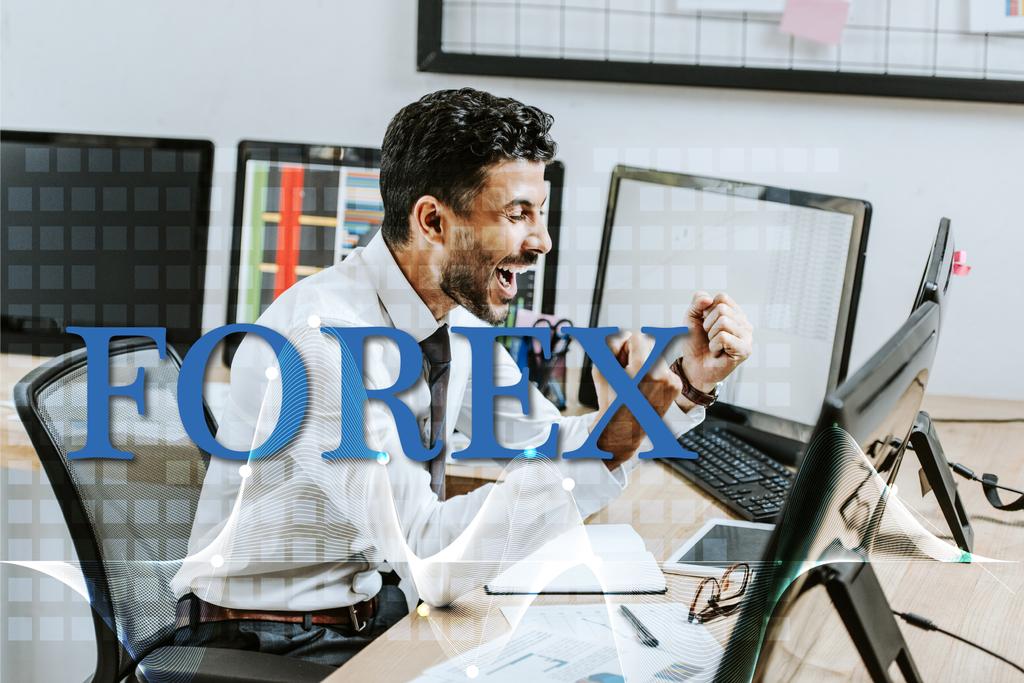 happy bi-racial trader showing yes gesture near forex letters  - Photo, Image