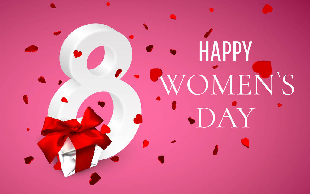 8 Μαρτίου Χαρούμενη Ημέρα Γυναικών. Κουτί δώρου με κόκκινο φιόγκο και ιπτάμενες καρδιές σε ροζ φόντο. Εικονογράφηση διανύσματος - Διάνυσμα, εικόνα