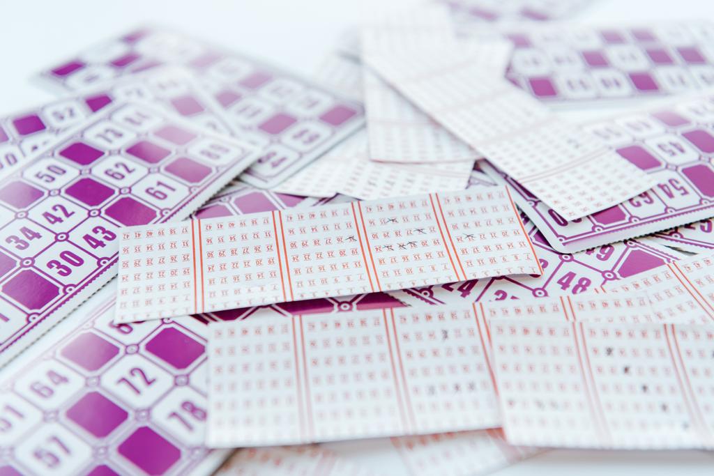 selective focus of purple lottery paper tickets  - Photo, Image