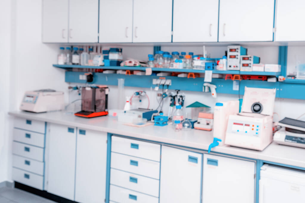 Scientific background: modern laboratory interior out of focus, text space - Photo, Image